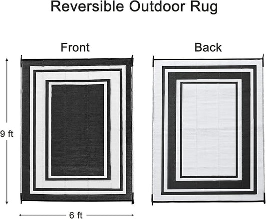 RURALITY Outdoor Rugs 6x9 Waterproof for Patios Clearance,Plastic Straw Mats for Backyard,Porch,Deck,Balcony,Reversible,Black and White