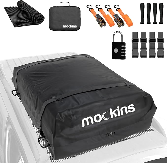 Mockins 16 Cu.Ft. Heavy Duty Car Roof Bag 45"x34"x18" | Works with or Without Roof Rack | Great for Road Trip Vacations, Camping Adventures & More | Set Includes Roof Mat, Lock, Hooks & Straps