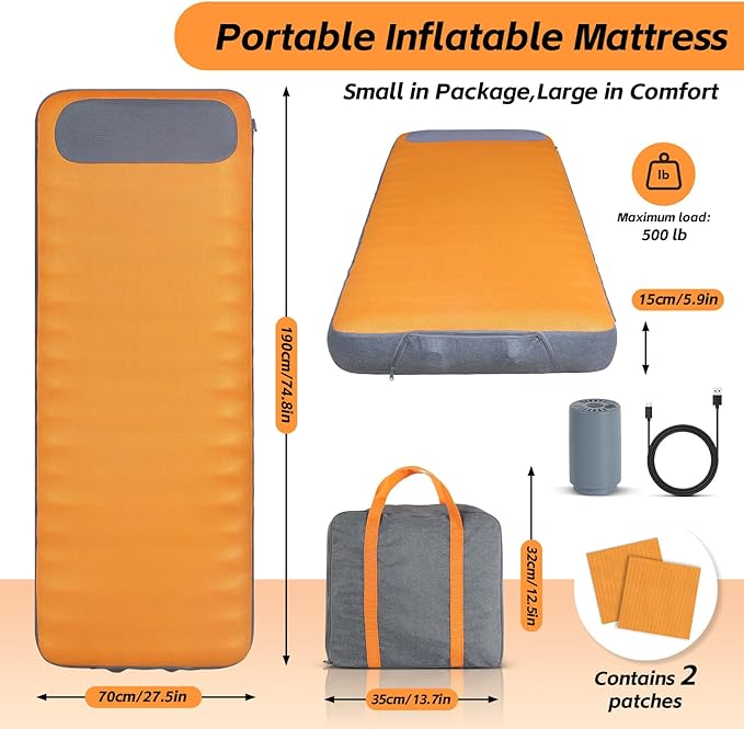 Self Inflating Sleeping Pad, Camping Mattress Built-in Electric Pump, 2-Minute Quick Inflation, Durable Waterproof and Leakproof, Compact and Portable, Suitable for Home Camping Trips