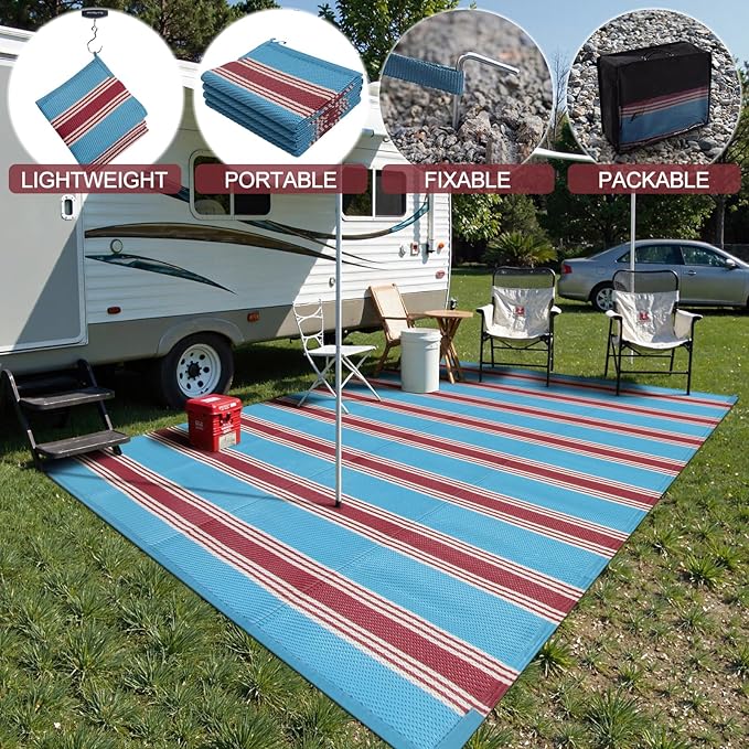 Lahome Striped Outdoor Rug Waterproof, 6x9 Reversible Outdoor Plastic Straw Rug for Camping, RV Patio Rugs Large Carpet for Porch Deck Backyard Balcony Picnic(Blue/Red,6'x 9')