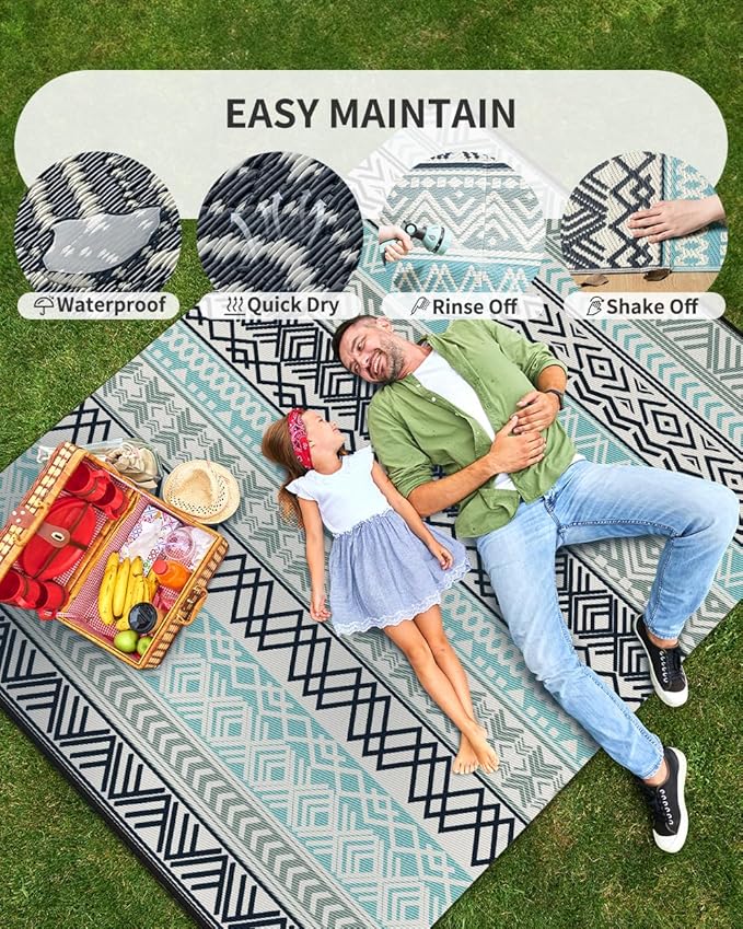 MontVoo Outdoor Rug Carpet 10x14 Waterproof-Patio Rug Mat Reversible RV Camping Rug Picnic Mat Plastic Straw Outside Rug for Balcony Porch Deck Beach-Boho Outdoor Area Rug for Patio Decor Colorful
