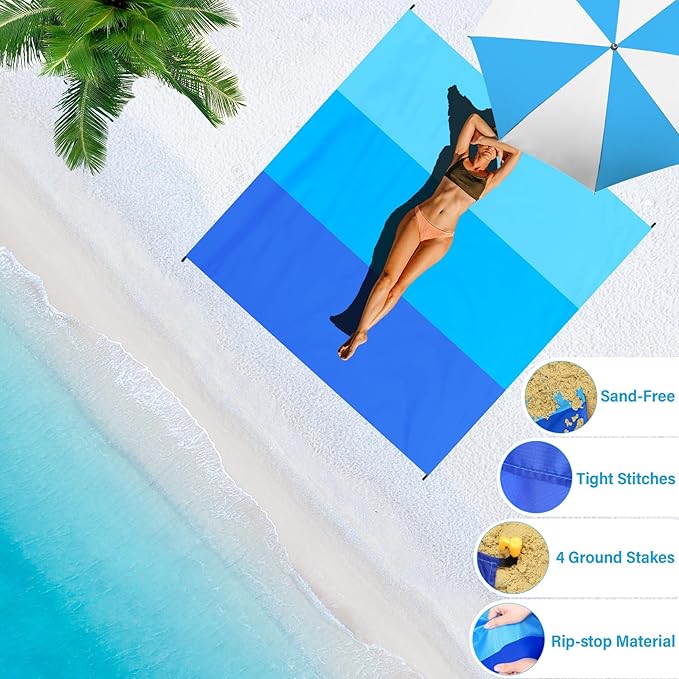 BYDOLL Beach Blanket Waterproof Sandproof 78''×81'' 1-7 Adults Oversized Lightweight Large Picnic Mat Waterproof Sandproof Blanket for Beach