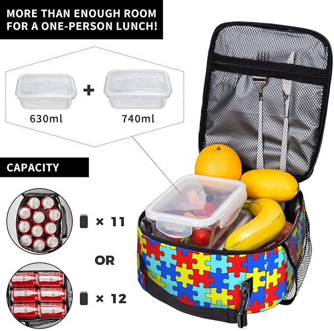 Colorful Puzzle Rainbow Piece Insulated Lunch Bag Reusable Cooler Lunch Box Portable Leakproof Thermal Container Tote Bags for Girls Boys School Travel