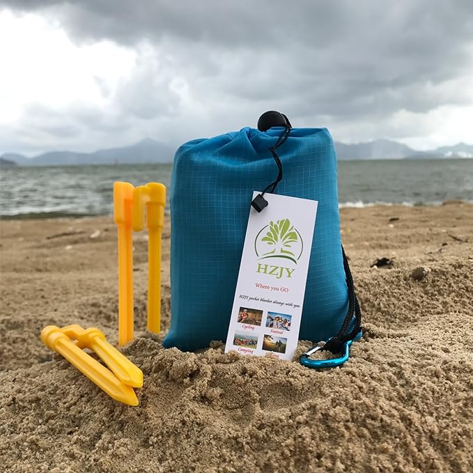 Outdoor Blanket (71" x 55") -Compact, Lightweight, Sand Proof Pocket Blanket Best Mat for The Beach, Hiking, Travel, Camping, Festivals with Pockets, Loops, Stakes, Carabiner