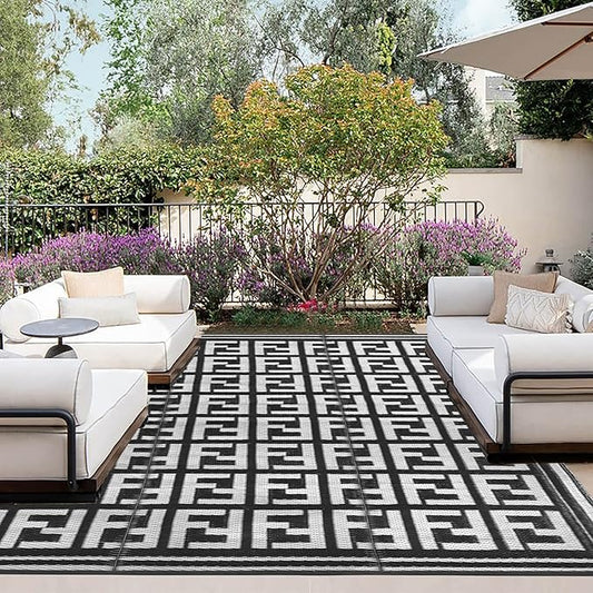 OutdoorLines Outdoor Plastic Area Rugs for Patio 4x6 ft - Reversible Outside Carpet, Stain & UV Resistant RV Mats, Straw Rug for Camping, Deck Garden, Porch and Balcony, Geometry Black & Light Grey