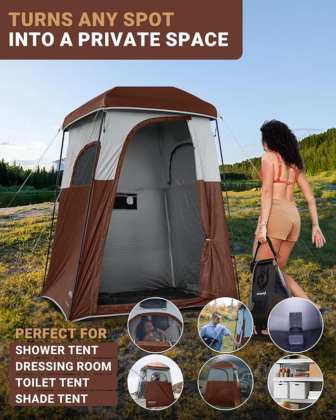 KingCamp Camping Shower Tent, Portable Outdoor Privacy Toilet & Changing Tent Windproof & Waterproof Easy Setup 1 or 2 Room Shelter with Shower Bag for Camping Hiking Beach