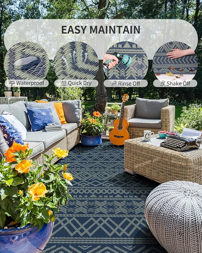 MontVoo Outdoor Rug Carpet Waterproof 5x8 Outdoor Patio Rug Mat Reverisble Plastic Straw Outdoor Rug for RV Camping Picnic Beach Balcony Boho Blue Green