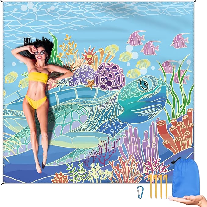 Beach Blanket Waterproof Sandproof Large Beach Mat 79" X 83" for 2-4 Adults Sand Free Mat Quick Drying,Lightweight & Durable with 4 Stakes & 4 Corner Pockets for Beach Travel Camping.(Sea Turtle)