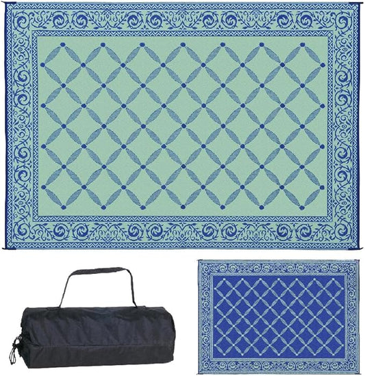 Stylish Camping 119123 9-feet by 12-feet Reversible Mat, Plastic Straw Rug, Large Floor Mat for Outdoors, RV, Patio, Backyard, Picnic, Beach, Camping (Blue/Light-Green)