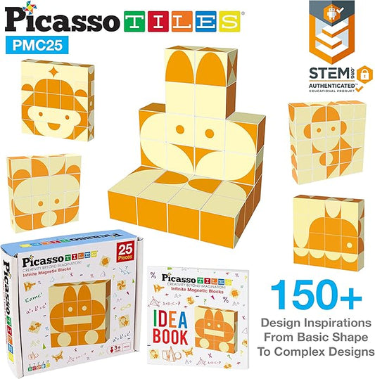 Picasso Cubes 25 Piece Magnetic Puzzle Game Magic Cube Puzzles Brain Teaser Set Kids Toy Magnet Pattern Block Matching Toys with Free Ideabook 150+ Inspirations Included STEM Learning Early Education