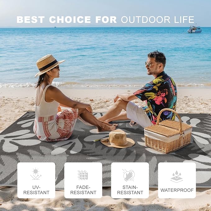 wikiwiki Outdoor Rug, 4x6ft Waterproof Reversible Mat Indoor Outdoor Rugs Carpet, Small Area Rug Plastic Straw Rug for Patio Deck Balcony Pool RV Camping Beach Picnic, Grey Leaves, Rugscape Series