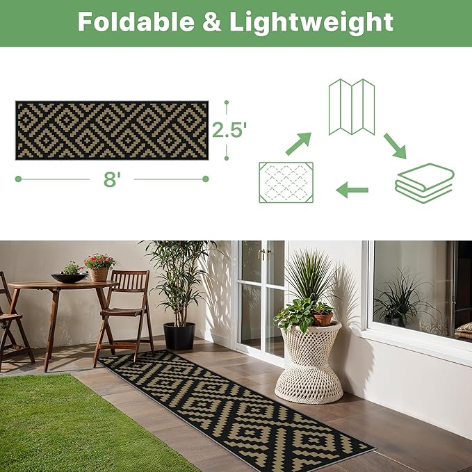 Indoor Outdoor Area Rug 2.5'x8' Waterproof for Patio, Washable Rugs Non Slip, Foldable Outdoor Camping Carpet Mat for RV, Porch, Balcony, Deck, Backyard, Picnic, Black & Brown