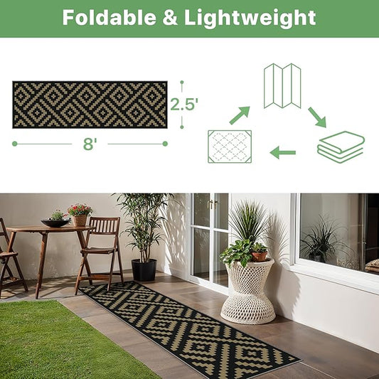 Indoor Outdoor Area Rug 2.5'x8' Waterproof for Patio, Washable Rugs Non Slip, Foldable Outdoor Camping Carpet Mat for RV, Porch, Balcony, Deck, Backyard, Picnic, Black & Brown