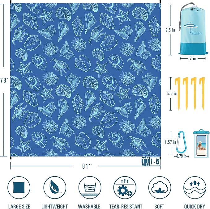 Beach Blanket Sandproof Waterproof 78''×81''1-5Adults Oversized,Compact Lightweight Durable Beach Mat for Travel Camping Hiking Picnic Blanket