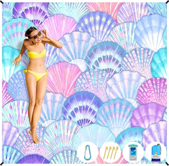 BYDOLL Beach Blanket Waterproof Sandproof 78''×81'' Suits1-4 Adults Compact Lightweight Oversized Sand-Free Blanket Large Picnic Mat for Beach Travel Camping Hiking