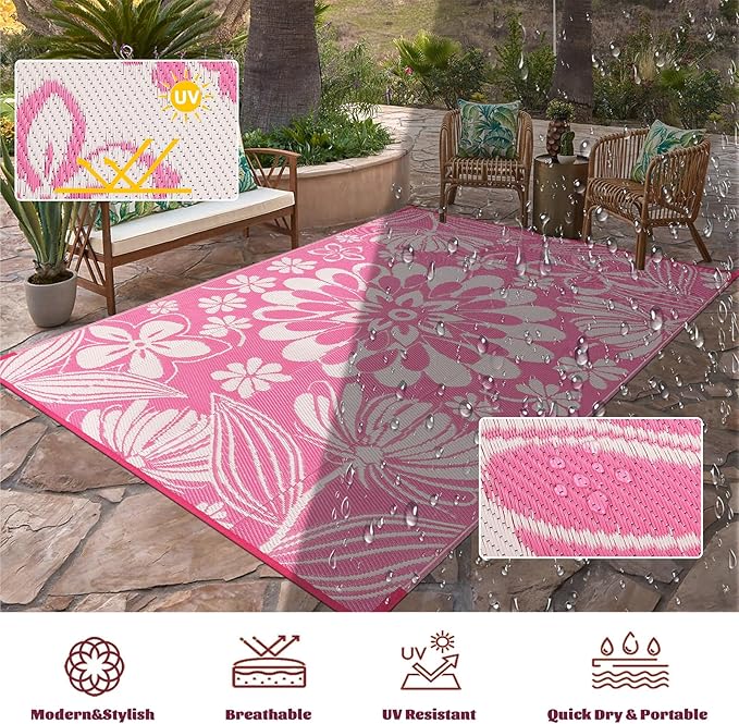 Ileading Outdoor Plastic Straw Rug 9x12ft Funny Floral Style Reversible Patio Area Rugs Waterproof Non Shedding Portable Carpets Large RV Rugs for Outside Deck Pool Beach Picnic Camping (Pink)