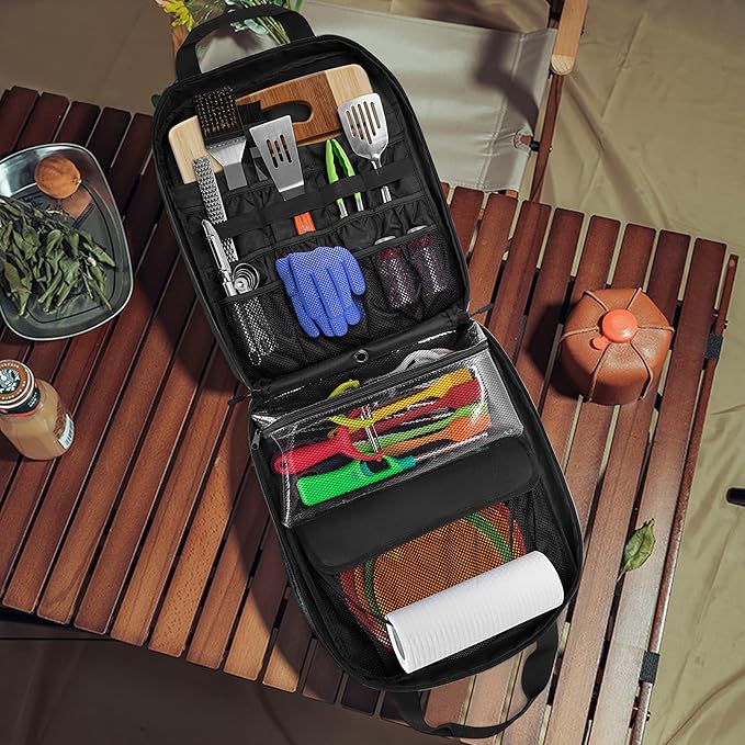 Hanging Camp Utensil Organizer with Towel Paper Holder, Portable Camping Kitchen Cookware Bag for Knives, Forks, Spoons & More, Outdoor Cooking Tools Storage Box for Travel & Hiking, Bag Only