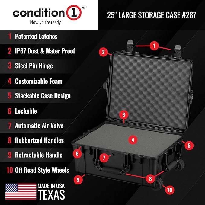 Condition 1 25" Large Rolling Hard Travel Case Model 287 Lockable Storage Box, Waterproof Dustproof Protective Luggage with Handle, Made in USA, 24.53"x19.55"x10.95" Black