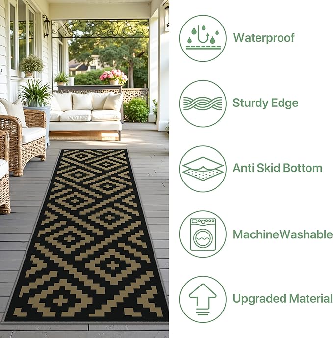 Indoor Outdoor Area Rug 2.5'x8' Waterproof for Patio, Washable Rugs Non Slip, Foldable Outdoor Camping Carpet Mat for RV, Porch, Balcony, Deck, Backyard, Picnic, Black & Brown