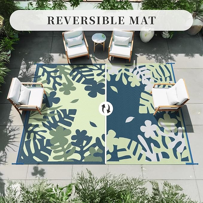 MontVoo Outdoor Rug Waterproof 6x9 ft RV Outdoor Rug for Camping Picnic Mat Outdoor Patio Rug Carpet Plastic Straw Reversible Floral Teal Blue Green