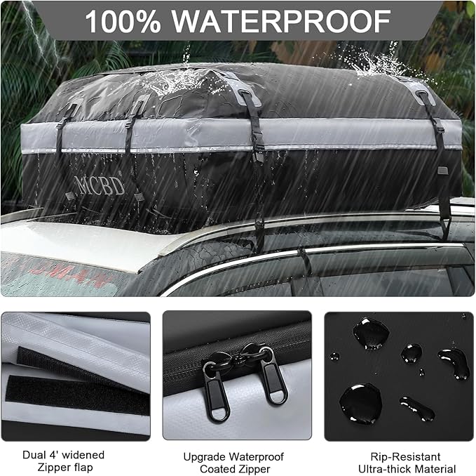 Rooftop Cargo Carrier Bag,15 Cubic Feet Soft-Shell Waterproof Car Roof Luggage Bag for All Vehicles SUV with/Without Rails,Includes 8 Reinforced Straps+4 Door Hooks,Storage Bag,Anti-Slip Mat,Gray