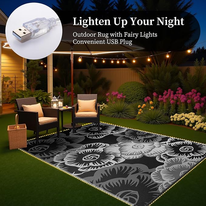 MontVoo Outdoor Rug with Led String Strip Lights 6x9ft Waterproof Outdoor Patio Rug Mat Reversible Plastic Straw Rug Outside Outdoor Rug for RV Camping Picnic Balcony Backyard Fairy Outdoor Decor