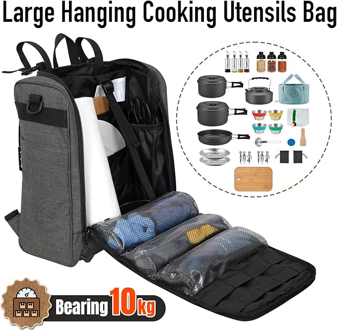 KingCamp Oversized Camping Kitchen Organizer, Ultralight Hanging Cooking Utensils Bag Portable Storage Backpack with Paper Towel Holder & 3 Pockets for Outdoor BBQ Cooking (Bag Only)