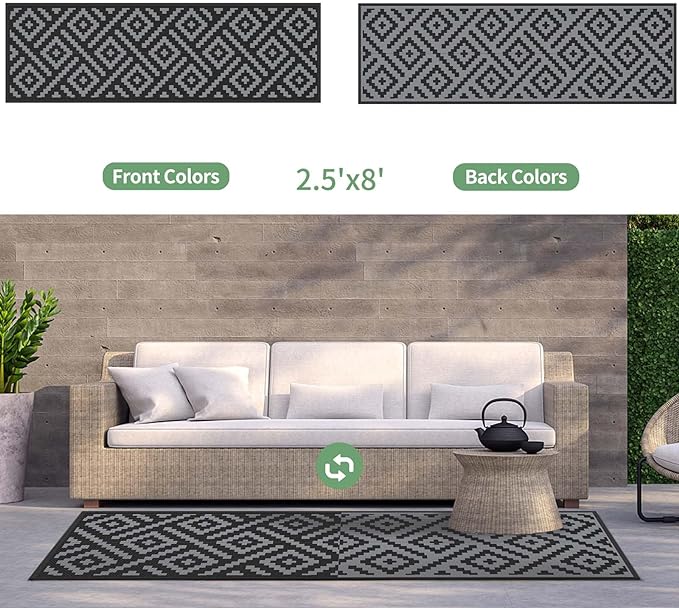GENIMO Outdoor Rugs 2.5x8 Waterproof, Reversible Mats, Outdoor Area Rug, Plastic Outside Carpet, Eeometric Rv Mat for Patio Camping Rv Picnic Backyard Deck Balcony Porch Beach (Black & Grey)