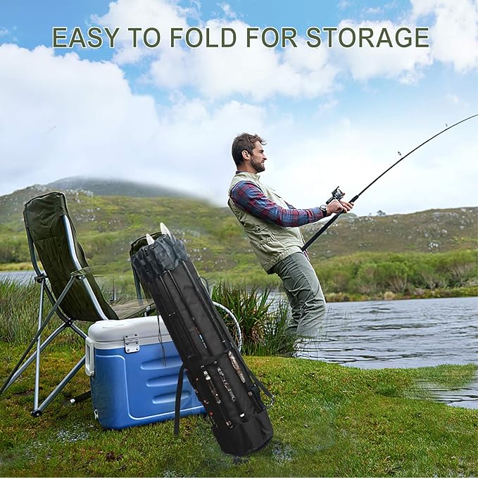 LEADALLWAY Portable Fishing Rod Case - Durable Folding Oxford Fabric Tackle Carry Bag - Multifunction, Large Capacity, Waterproof - Holds 5 Poles
