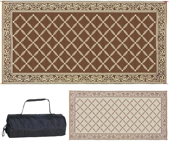 Stylish Camping 119187 9-feet by 18-feet Reversible Mat, Plastic Straw Rug, Large Floor Mat for Outdoors, RV, Patio, Backyard, Picnic, Beach, Camping (Brown/Beige)