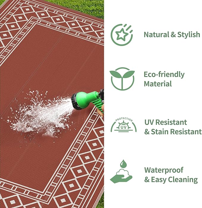 GENIMO Outdoor Rug Waterproof 6'x9' for Patio, Foldable Reversible Plastic Straw Carpet for Travel Trailers, Outside Area Mat for Rv, Deck, Picnic, Porch, Camper, Balcony, Beach, Brick Red