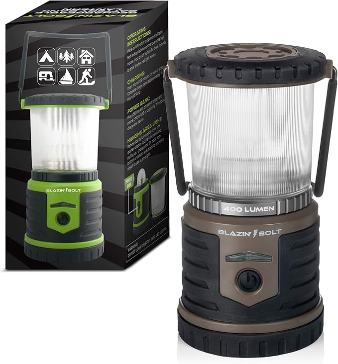Blazin Bolt Rugged USB Rechargeable Lantern | 400 Lumen | 400 Hours of Light | 6000mAh Power Bank | 6 Modes | Camping, Emergency, Power Outage, Storm, Blizzard, Hurricane Survival