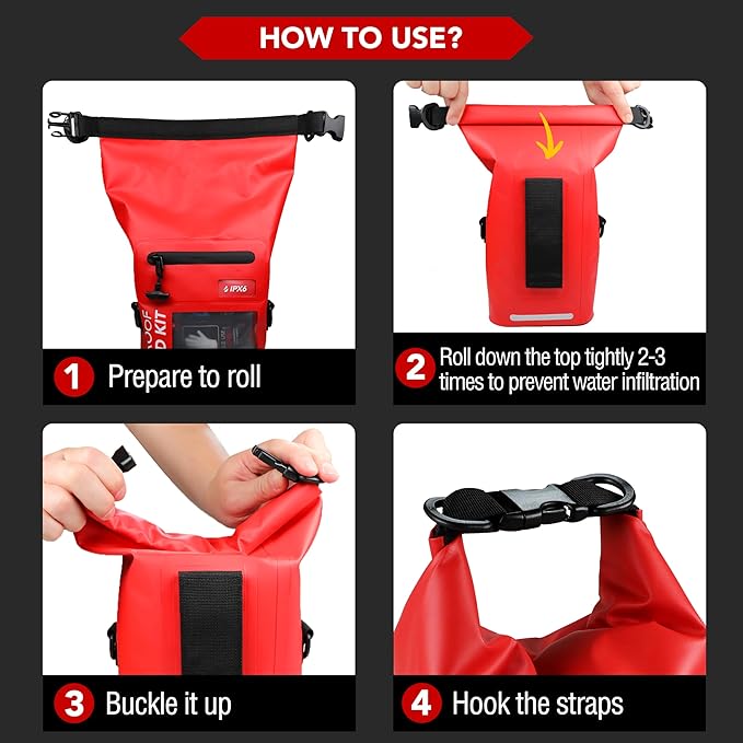 THRIAID 250 PCS Waterproof First Aid Kit, Roll Top Reflective Boat Dry Bag Bug Out Bag, Emergency Medical Kit Ideal for Boating, Camping, Fishing, Kayaking, Floating, Red