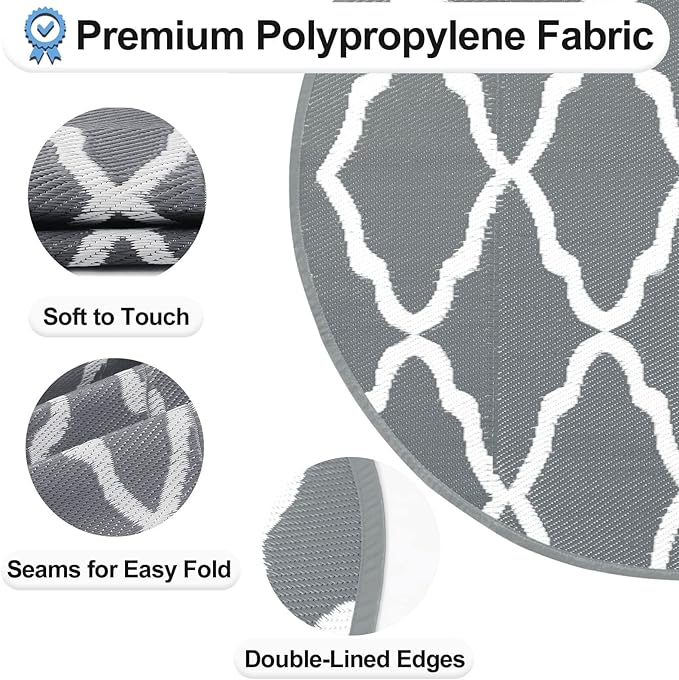 OutdoorLines Indoor Outdoor Rugs for Patio 5 Feet - Reversible Outside Carpet, Stain & UV Resistant Portable RV Mats, Plastic Straw Rug for Camping, Pool Deck, Porch Moroccan/Grey & White