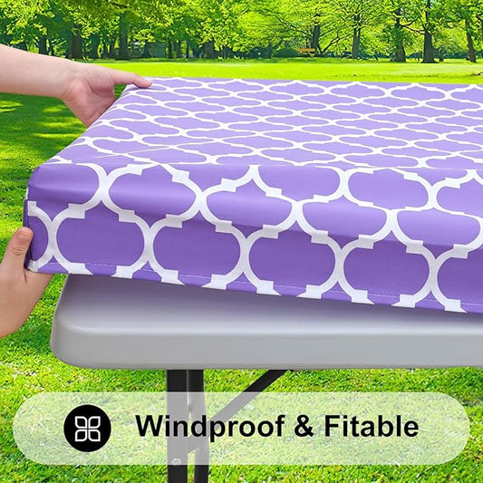 Smiry Rectangle Picnic Table Cover, Waterproof Elastic Fitted Camping Tablecloths for 6 Foot Tables, Wipeable Flannel Backed Vinyl Tablecloth Protector for Indoor, Outdoor (Lavender, 30x72 Inches)
