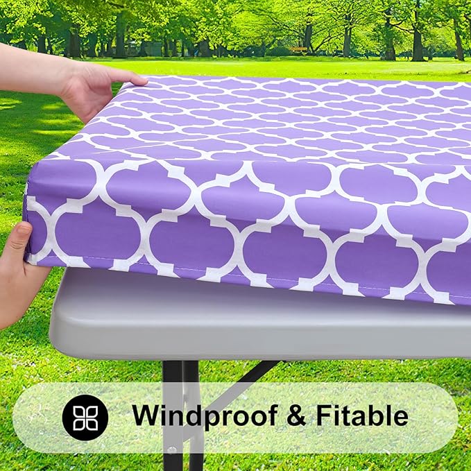 Smiry Rectangle Picnic Table Cover, Waterproof Elastic Fitted Camping Tablecloths for 4 Foot Tables, Wipeable Flannel Backed Vinyl Tablecloth Protector for Indoor, Outdoor (Lavender, 30x48 Inches)