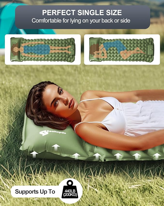 Inflatable Camping Sleeping Pad with Pillow & Foot Pump, 3"x79"x26" Single Camping Air Mattress, Compact Roll-Up, Quick-Dry & Durable Sleeping Mat for Backpacking, Hiking, Tent, Travel – Grass Green