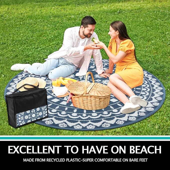 Capslpad 6Ft Round Outdoor Rug for Patios Clearance Reversible Mat Plastic Straw Patio Rugs Lightweight RV Camping Mat Circle Outside Area Rug Carpet for Balcony Deck Trailer Picnic,Blue