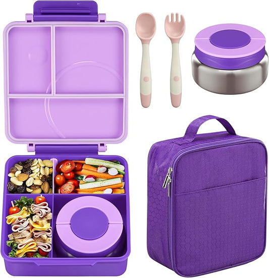 Bento Lunch Box Set for Kids with 8oz Soup Thermo, Leak-Proof Lunch Containers with 4 Compartment, Kids Thermo Hot Food Jar and Insulated Lunch Bag for Kid to School-Purple
