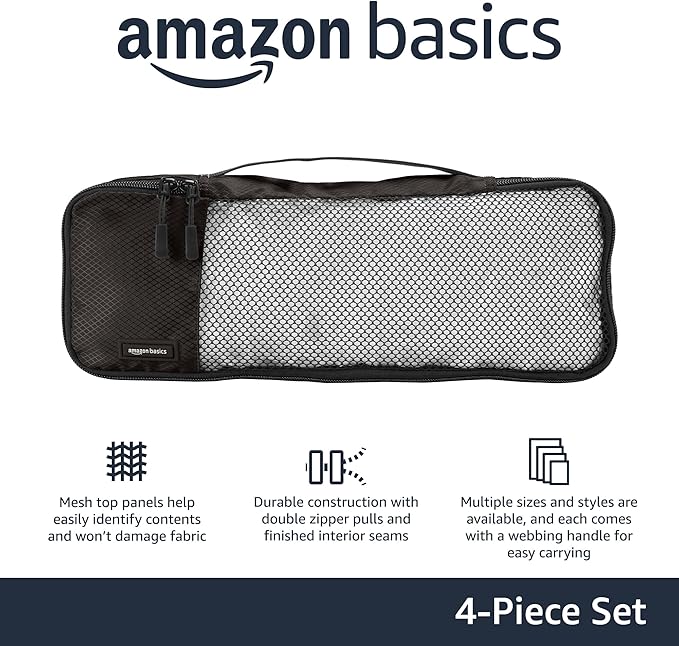 Amazon Basics Slim Packing Cubes for Travel, Packing Organizers, 4-Piece-Set With Double Zipper Pulls and Mesh Top Panel, 100% Durable Polyester, Black, 14"L x 5"W x 3"H