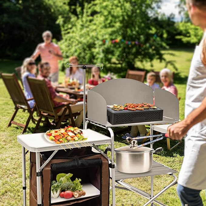 CampLand Folding Cooking Table Outdoor Portable Cook Station Aluminum Camping Kitchen with Storage Organizer, Windscreen, Hooks for BBQ, Party