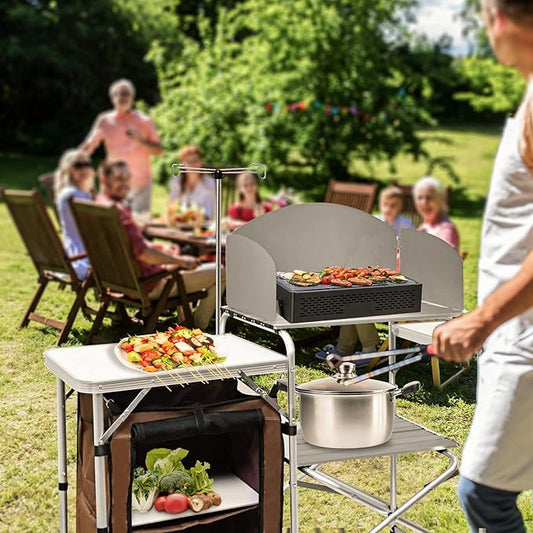 CampLand Folding Cooking Table Outdoor Portable Cook Station Aluminum Camping Kitchen with Storage Organizer, Windscreen, Hooks for BBQ, Party
