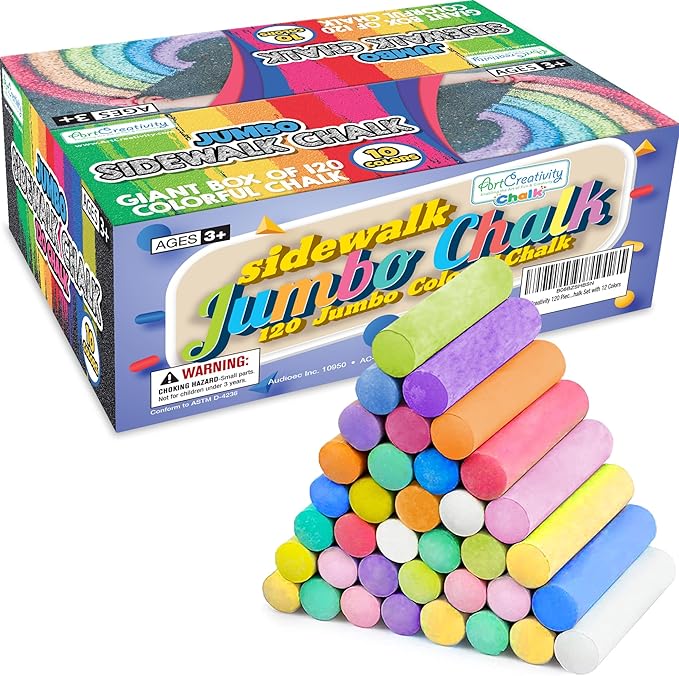 ArtCreativity Jumbo Sidewalk Chalk Set for Kids, Giant Box of 120 Colorful Chalk Pieces, Non-Toxic, Dust-Free, Washable Chalk in 10 Colors, For Driveway, Pavement, Outdoors, Great Arts & Crafts