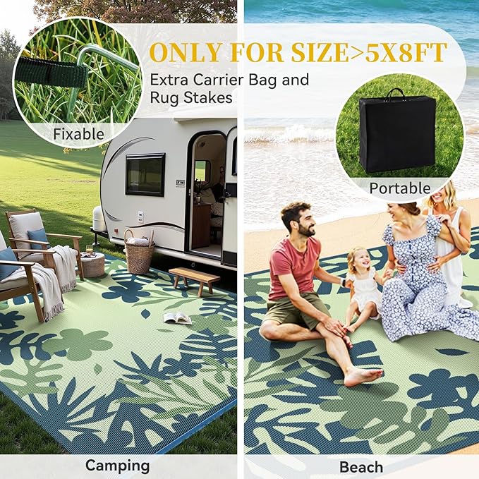 MontVoo Outdoor Rug Waterproof 8x10 ft RV Outdoor Rug for Camping Picnic Mat Outdoor Patio Rug Carpet Plastic Straw Reversible Floral Teal Blue Green