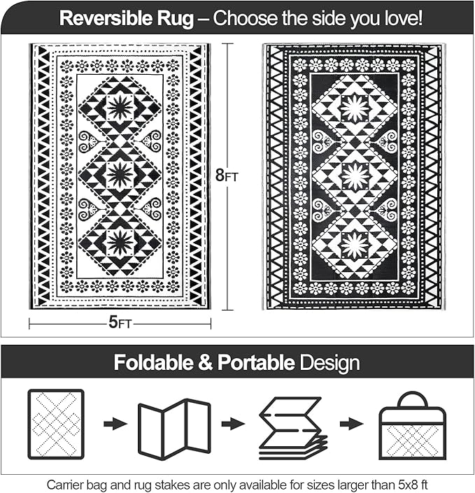 Waterproof Outdoor Rug 5x8ft, Reversible Plastic Straw Mat Rugs for Patio RV Deck Porch Backyard Balcony Camping Picnic Beach Indoor Outdoor Carpet, Black&White