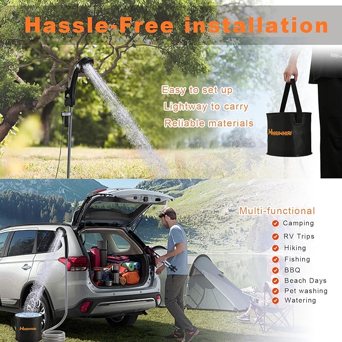 Portable Shower Camping Outdoor Camp Shower Pump, Rechargeable Battery Powered Shower 2 Head with Foldable Collapsible Bucket, Large Water Flow for Hiking, Traveling, Beach Washing Cleaning
