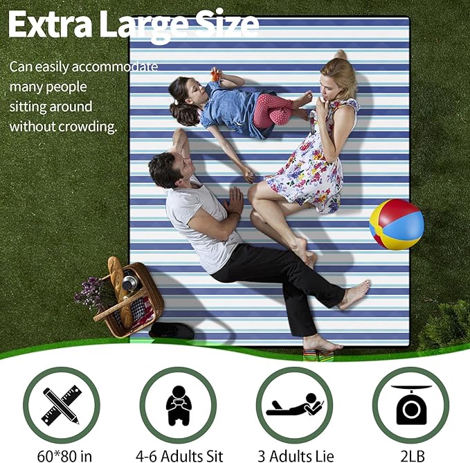 Lightweight Waterproof 60x80'' Picnic Blankets Huge Anti Sand Packable Beach Grass Park Matt Fold up Camping Tent Rug for Inside Summer Camp Roadtrip Gear Backpacking Travel Trailer Essential