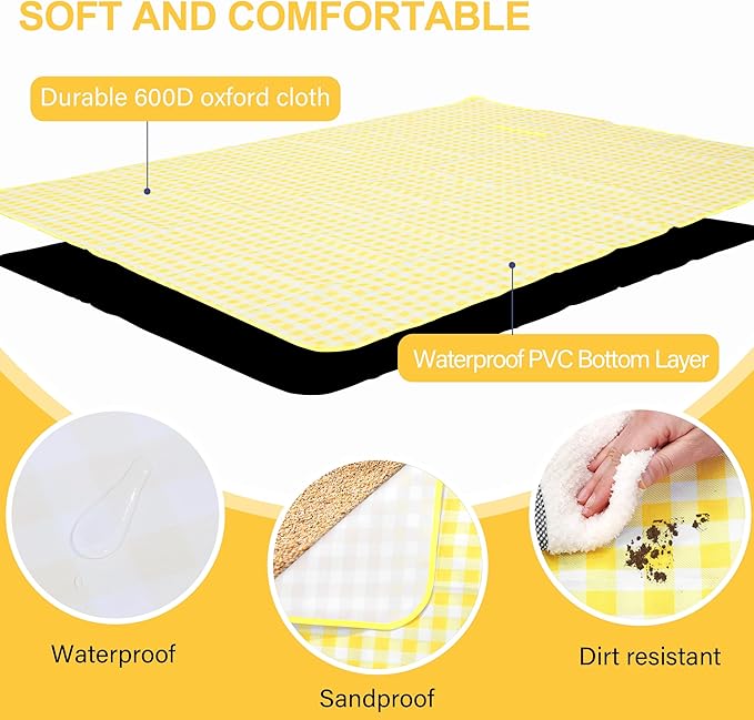Outdoor Picnic Blanket 80"X80" Picnic Mat Extra Large Camping Blanket Beach Blanket Foldable Waterproof Sand Mat Hiking Travel Family Concerts(Yellow)