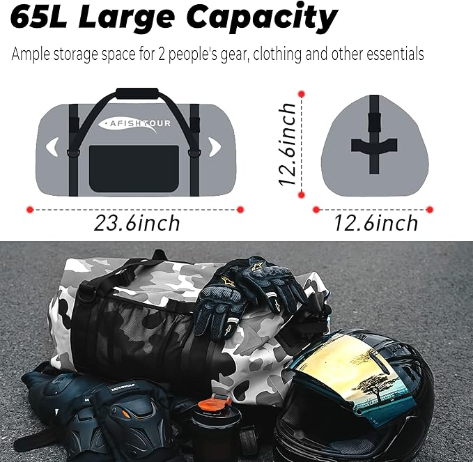 65L Waterproof Duffel Bag for Men and Women - Large Motorcycle Duffle Bag with Straps for Back Seat - Roll Top Dry Bag for Kayaking, Rafting, Boating, Swimming, Beach