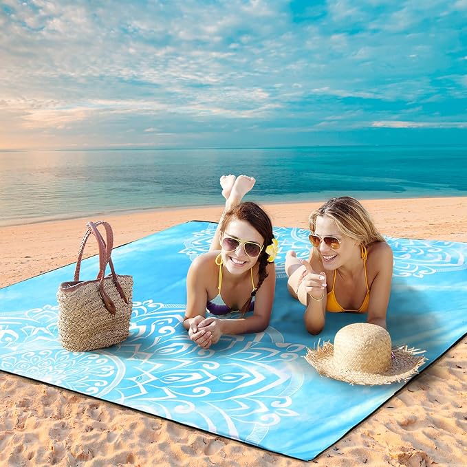 Beach Blanket Waterproof Sandproof Beach Mat 79" X 83" /10'x9'for 2-8 Adults Quick Drying Outdoor Picnic Mat Beach Accessories for Travel, Camping, Hiking